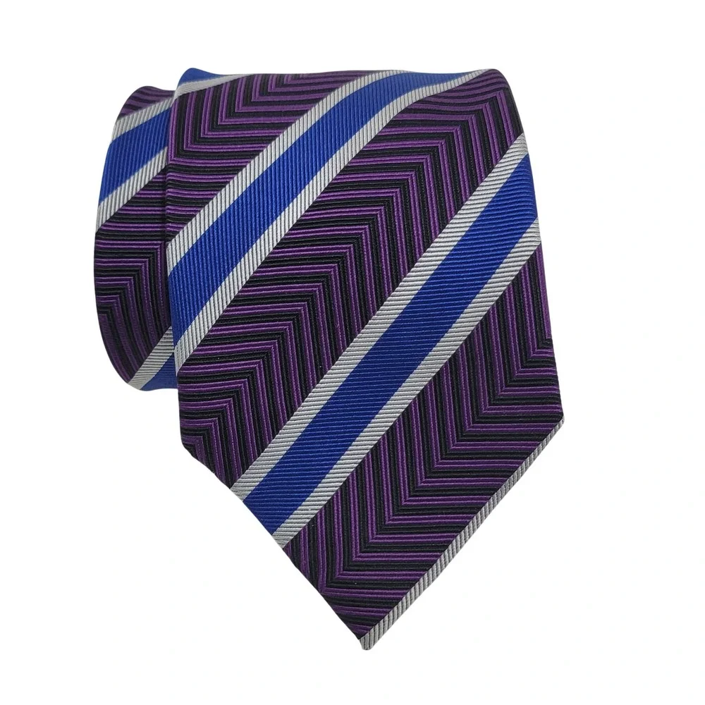 XMI Platinum Silk Tie Purple Blue Chevron Repp Stripe Hand Made USA